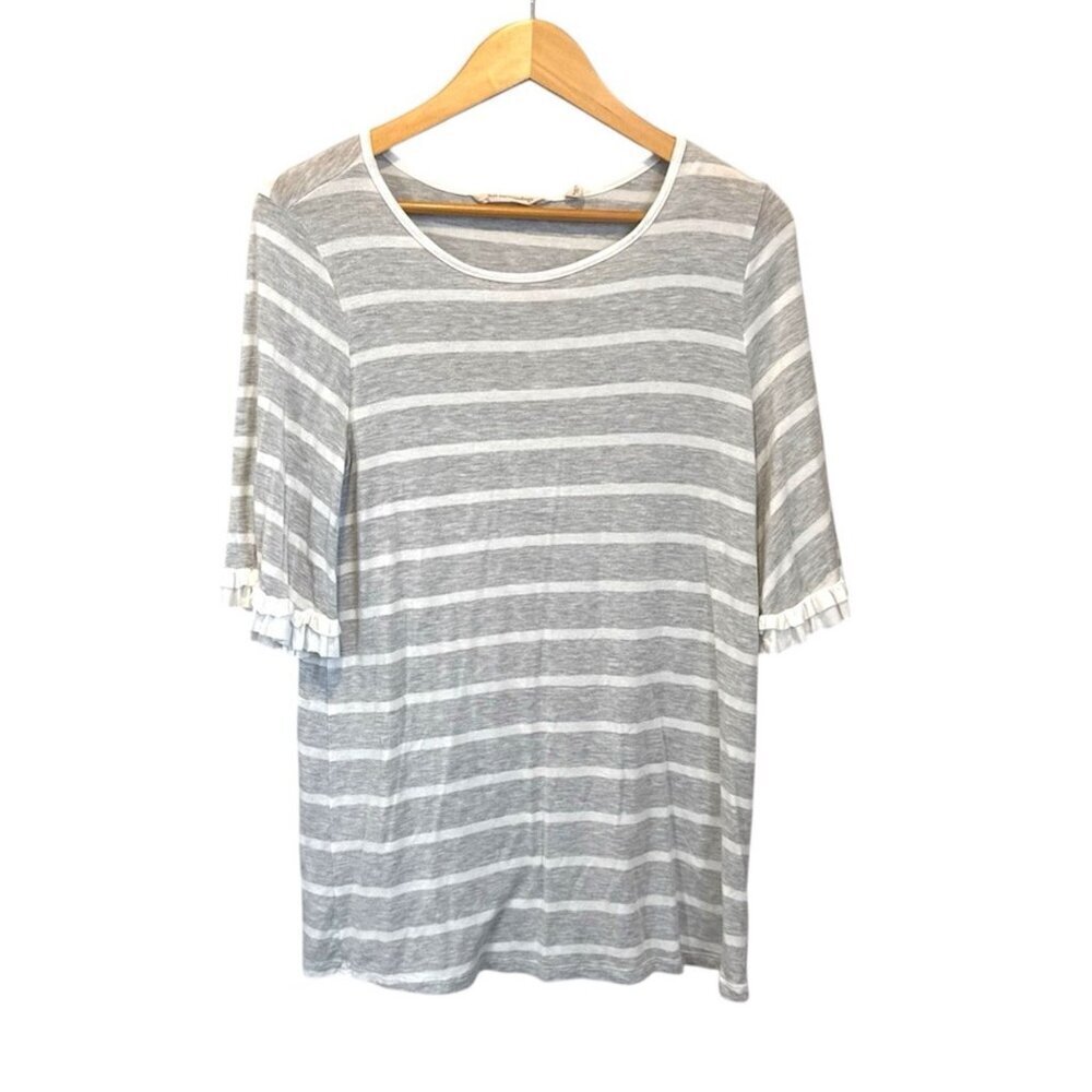 SOFT SURROUNDINGS Gray White stripes short ruffle sleeves tunic top Small